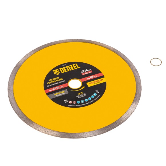 Диск алмазный отрезной 230 х 22,2 мм, сплошной, супертонкий, горячий пресс, мокрое резание// Denzel Диск алмазный отрезной 230 х 22,2 мм, сплошной, супертонкий, горячий пресс, мокрое резание// Denzel