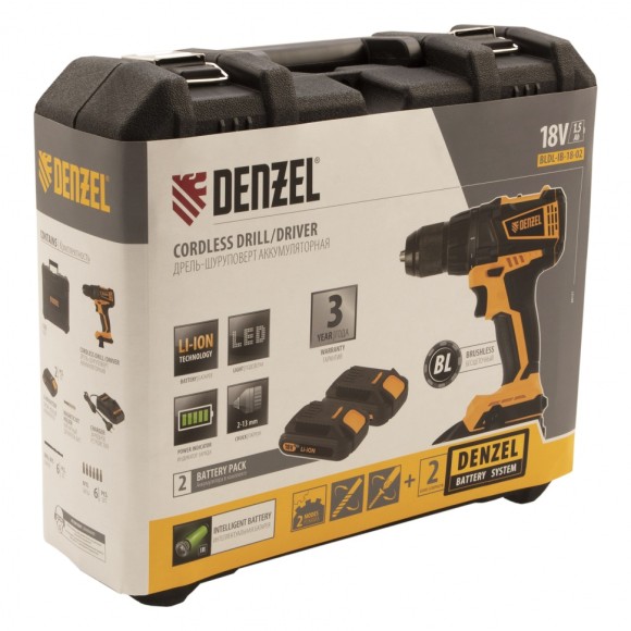 Дрель-шуруповерт аккумуляторная, бесщет. BLDL-IB-18-02, Li-Ion, 18 В, 2 акк.// Denzel Дрель-шуруповерт аккумуляторная, бесщет. BLDL-IB-18-02, Li-Ion, 18 В, 2 акк.// Denzel