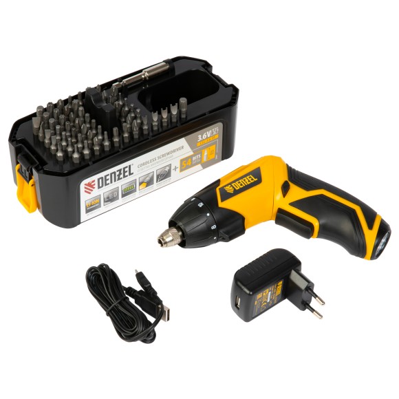 Отвертка аккумуляторная CSL-3.6-01, Li-Ion, 3.6 В, 1.3 А*ч, 200 об/мин, с аксессуарами Denzel Отвертка аккумуляторная CSL-3.6-01, Li-Ion, 3.6 В, 1.3 А*ч, 200 об/мин, с аксессуарами Denzel