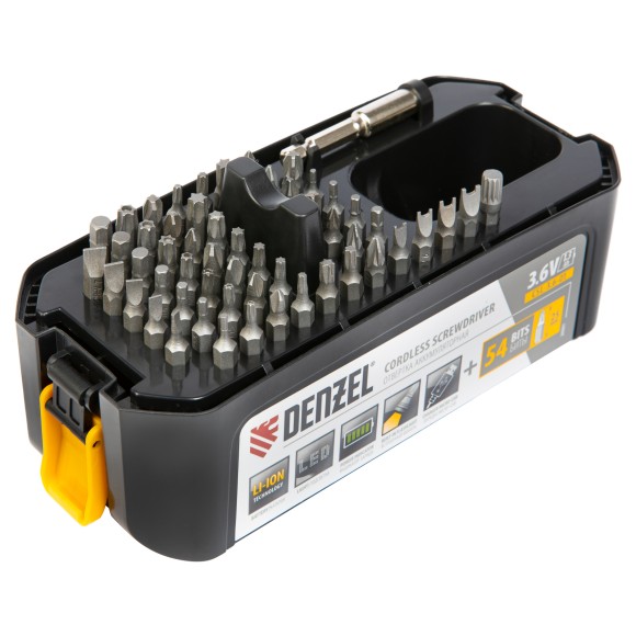 Отвертка аккумуляторная CSL-3.6-01, Li-Ion, 3.6 В, 1.3 А*ч, 200 об/мин, с аксессуарами Denzel Отвертка аккумуляторная CSL-3.6-01, Li-Ion, 3.6 В, 1.3 А*ч, 200 об/мин, с аксессуарами Denzel
