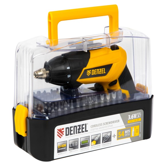 Отвертка аккумуляторная CSL-3.6-01, Li-Ion, 3.6 В, 1.3 А*ч, 200 об/мин, с аксессуарами Denzel Отвертка аккумуляторная CSL-3.6-01, Li-Ion, 3.6 В, 1.3 А*ч, 200 об/мин, с аксессуарами Denzel