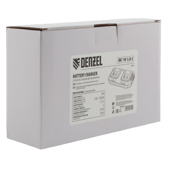 Устройство зарядное для аккумуляторов IBC-18-3.0-2, Li-Ion, 18В, 3.0 А, для двух батарей Denzel Устройство зарядное для аккумуляторов IBC-18-3.0-2, Li-Ion, 18В, 3.0 А, для двух батарей Denzel