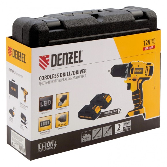 Дрель-шуруповерт аккумуляторная CDL-12-02, Li-Ion, 12 В, 1.5 А*ч, 2 аккумулятора Denzel Дрель-шуруповерт аккумуляторная CDL-12-02, Li-Ion, 12 В, 1.5 А*ч, 2 аккумулятора Denzel