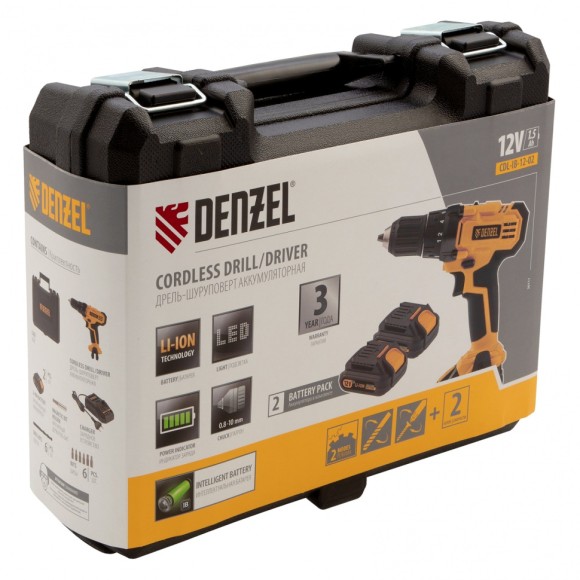 Дрель-шуруповерт аккумуляторная CDL-IB-12-02, Li-Ion, 12 В, 1.5 А*ч, 2 аккумулятора Denzel Дрель-шуруповерт аккумуляторная CDL-IB-12-02, Li-Ion, 12 В, 1.5 А*ч, 2 аккумулятора Denzel
