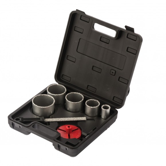 Набор коронок по керамической плитке, 33-53-67-73-83 мм, напил, в пластиковом боксе, шестигранный хвостовик Matrix Набор коронок по керамической плитке, 33-53-67-73-83 мм, напил, в пластиковом боксе, шестигранный хвостовик Matrix