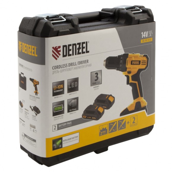 Дрель-шуруповерт аккумуляторная CDL-IB-14-02, Li-Ion, 14 В, 1.5 А*ч, 2 аккумулятора Denzel Дрель-шуруповерт аккумуляторная CDL-IB-14-02, Li-Ion, 14 В, 1.5 А*ч, 2 аккумулятора Denzel