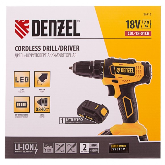 Дрель-шуруповерт аккумуляторная CDL-18-01CB, Li-Ion, 18 В, 1 аккумулятор Denzel Дрель-шуруповерт аккумуляторная CDL-18-01CB, Li-Ion, 18 В, 1 аккумулятор Denzel