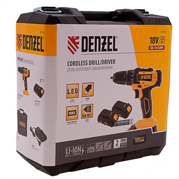 Дрель-шуруповерт аккумуляторная CDL-18-02BM, Li-Ion, 18 В, 2 аккумулятор Denzel Дрель-шуруповерт аккумуляторная CDL-18-02BM, Li-Ion, 18 В, 2 аккумулятор Denzel