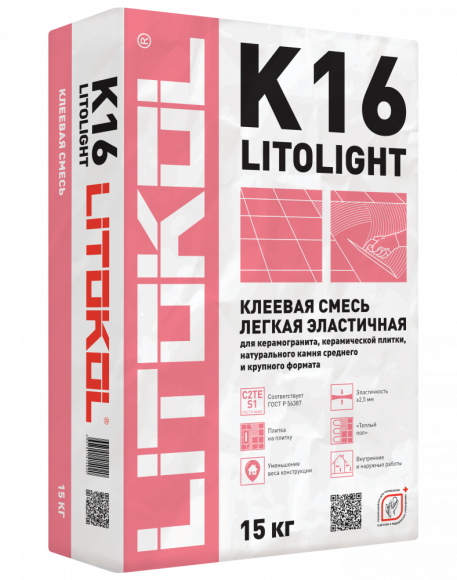 Клей эластичный для плитки, керамогранита и камня LITOLIGHT K16 (класс С2 TЕ S1)