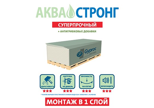 Гипсокартон Гипрок Аква Стронг 3000x1200x15 мм высокопрочный влагостойкий