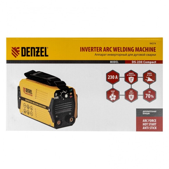 Аппарат инверторный дуговой сварки DS-230 Compact, 230 А, ПВ 70%, диаметр электрода 1.6-5 мм Denzel